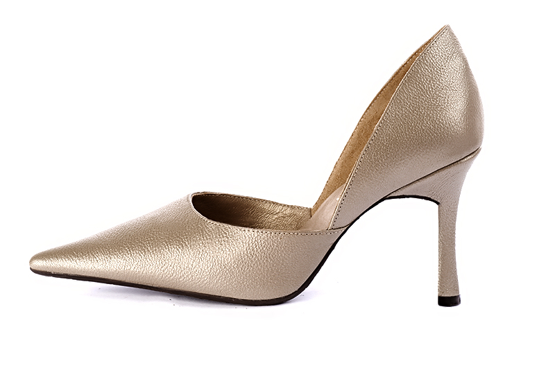 Tan beige women's open arch dress pumps. Pointed toe. Very high slim heel. Profile view - Florence KOOIJMAN